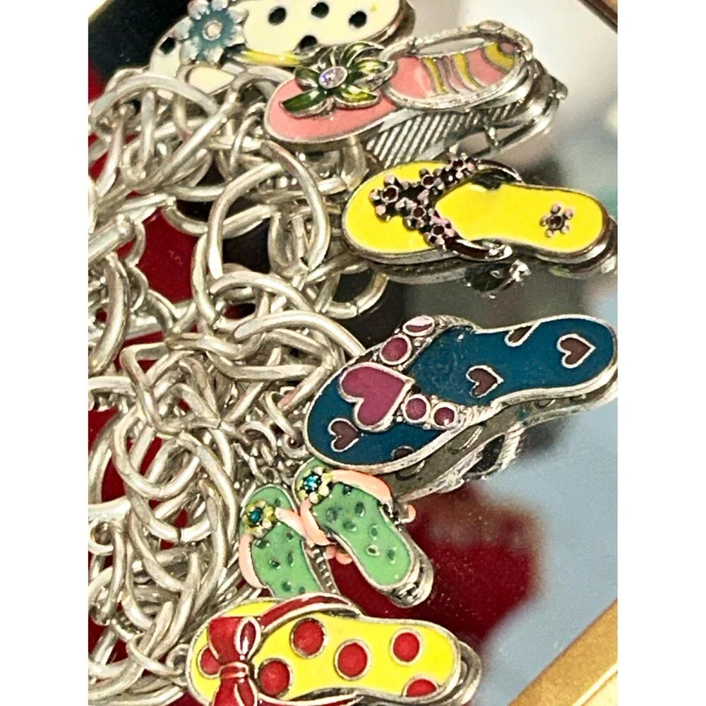 Vintage Charms Silver Bracelet Enamel Flip Flip Sandal Charms Colorful EUC